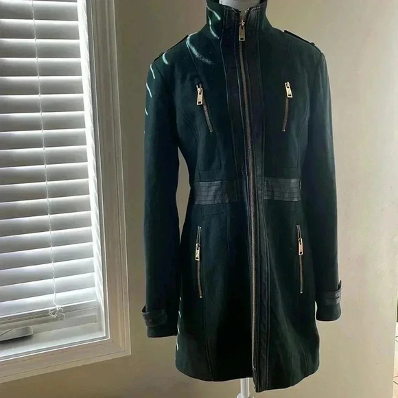 [S]  Miss Sixty Women's Zip Front Wool Blend Green Military Pea Coat - Picture 3 of 12